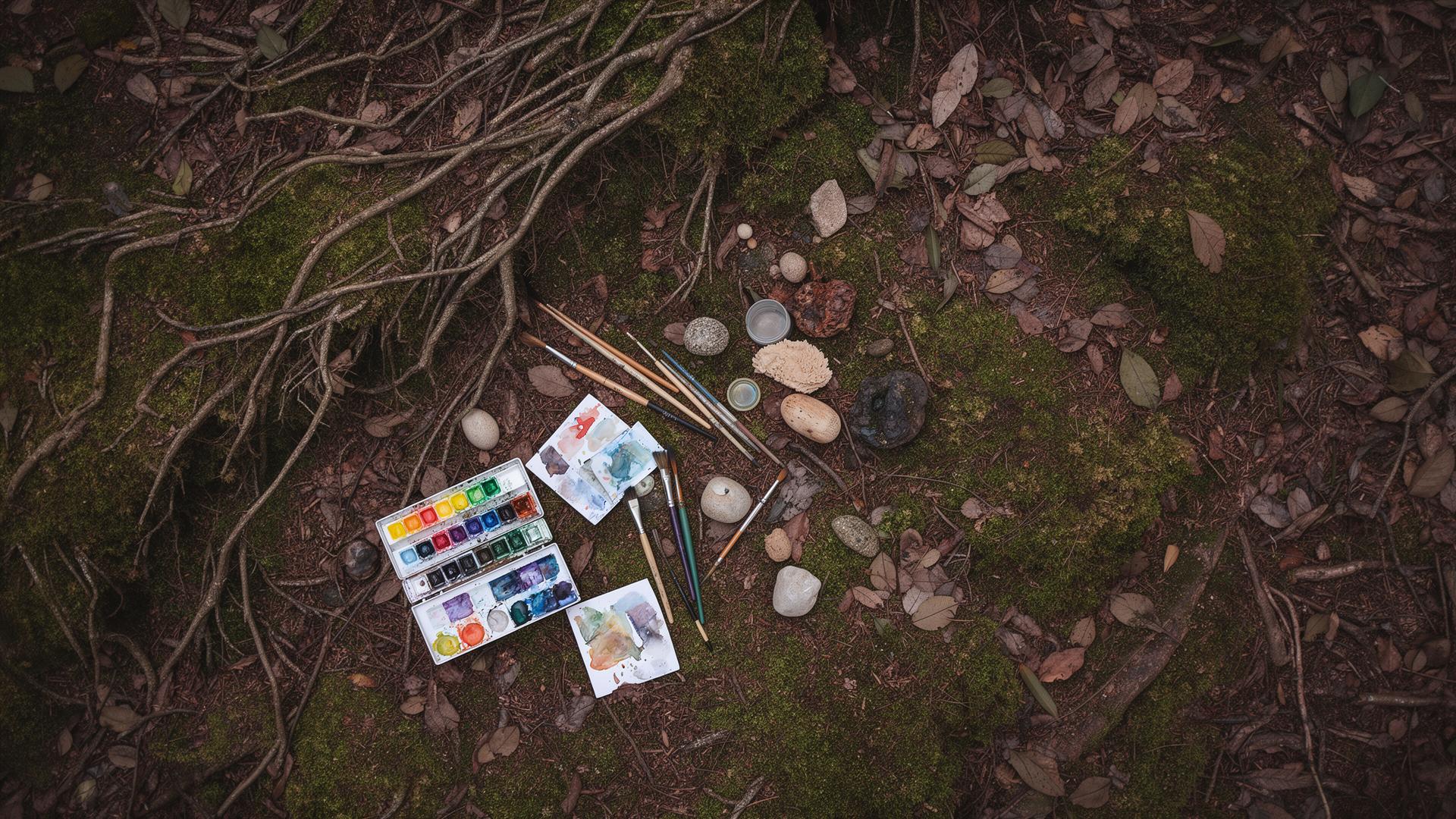 Watercolour paints, brushes and natural objects laid out on a mossy forest floor