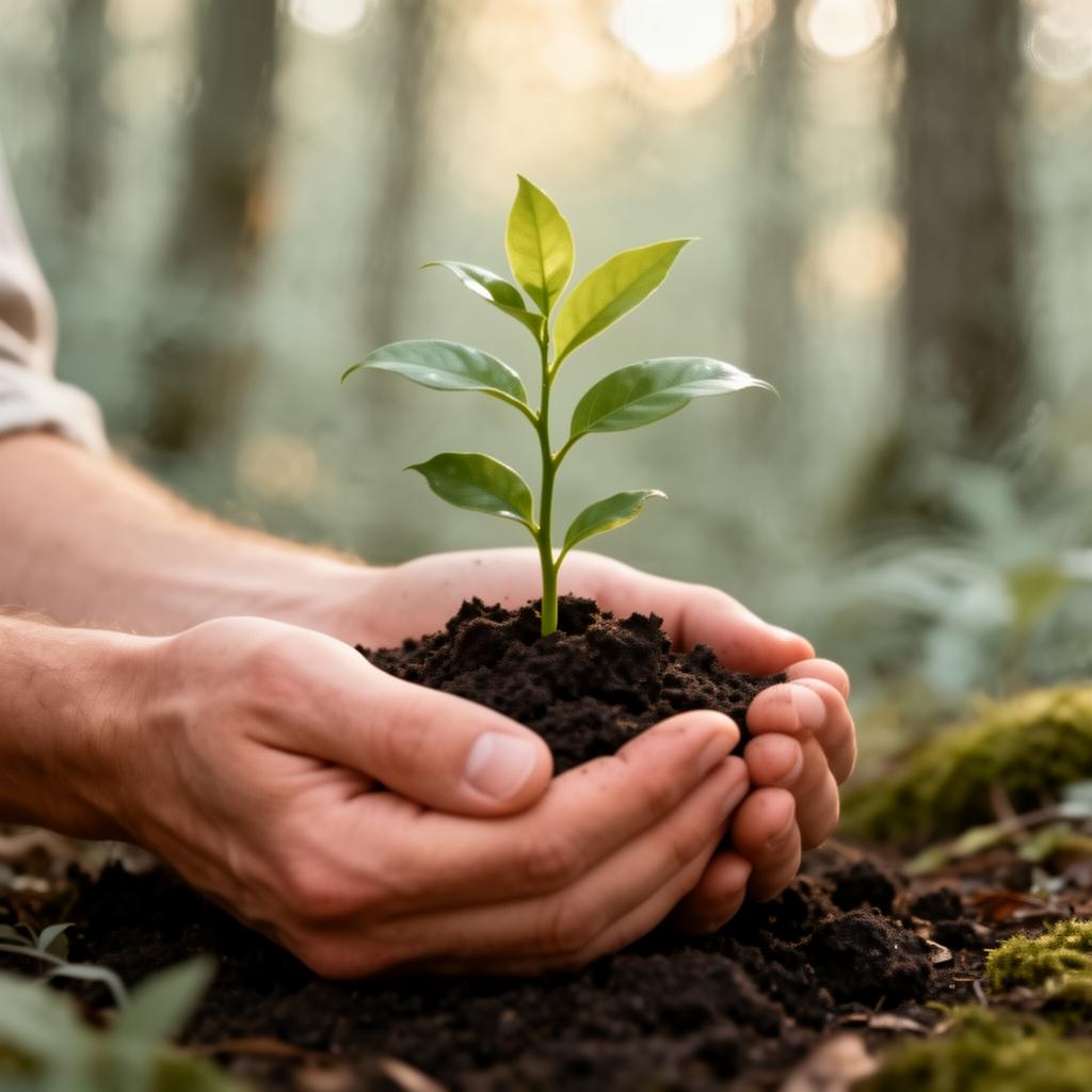 Two hands gently holding a small green seedling rooted in dark earth